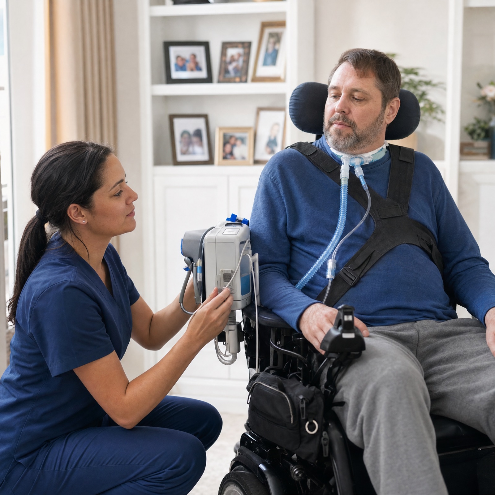 Home care nurse adjusting ventilation equipment for a patient in a power wheelchair
