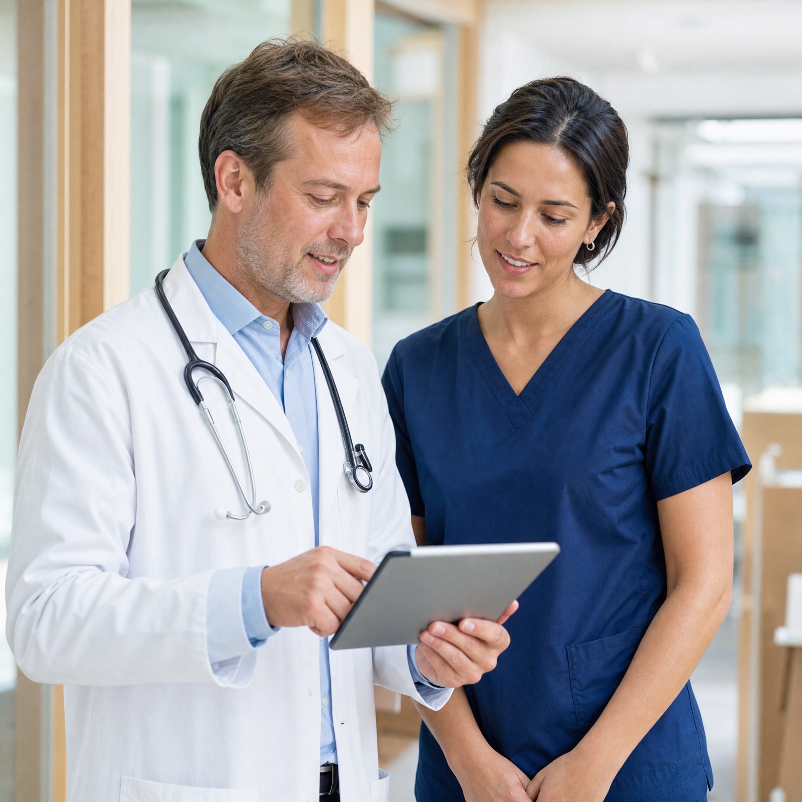 Physician and nurse reviewing a patient chart together