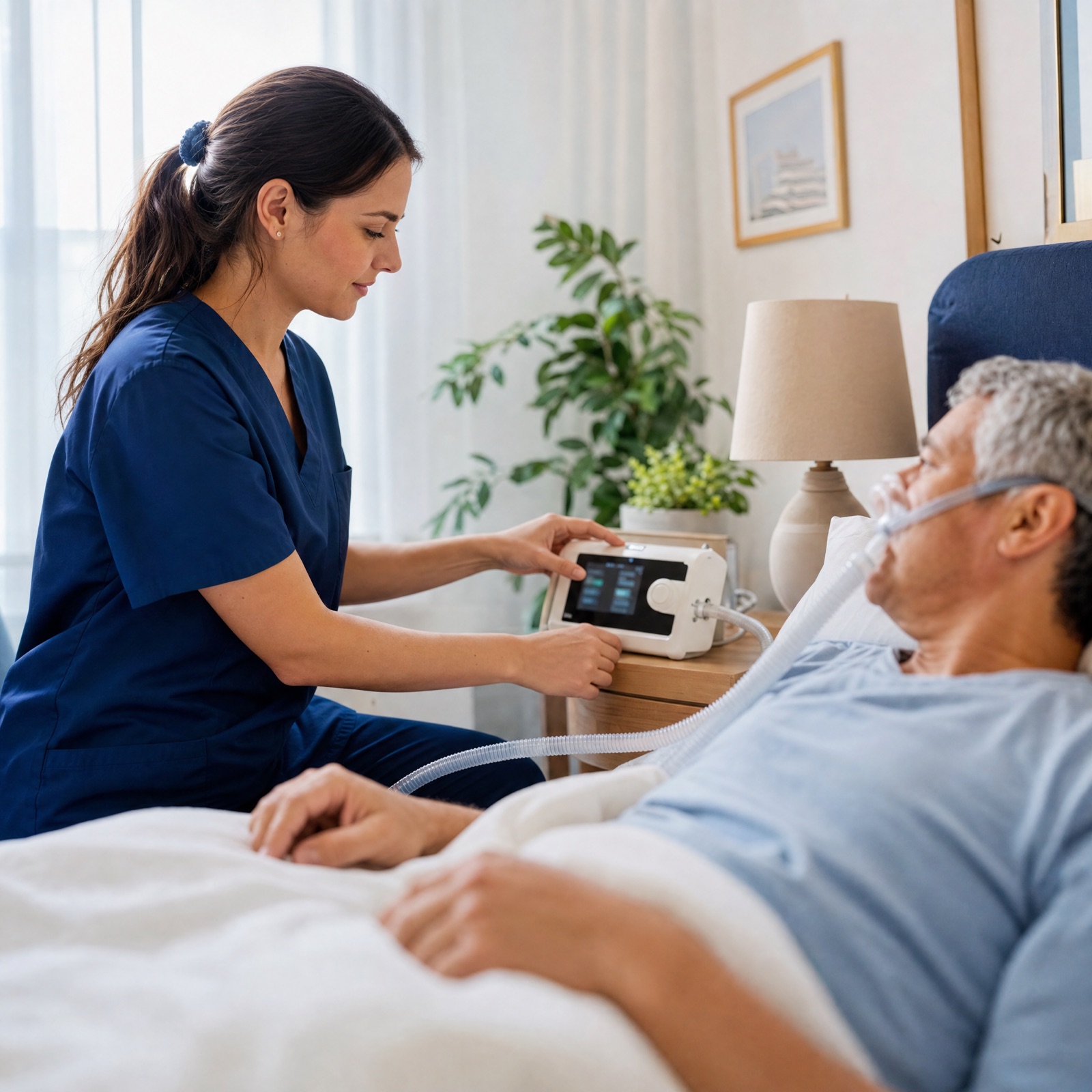 Respiratory therapist adjusting a bedside monitor for a patient at home