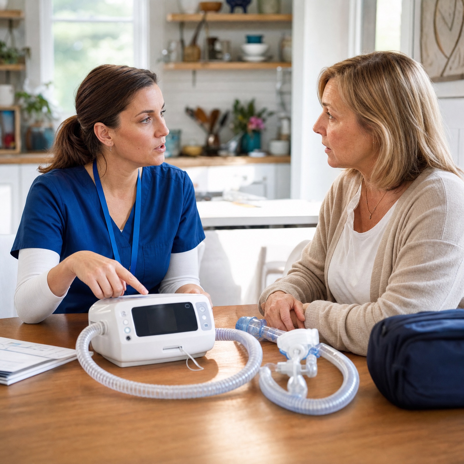 Respiratory therapist walking a family caregiver through home ventilation equipment